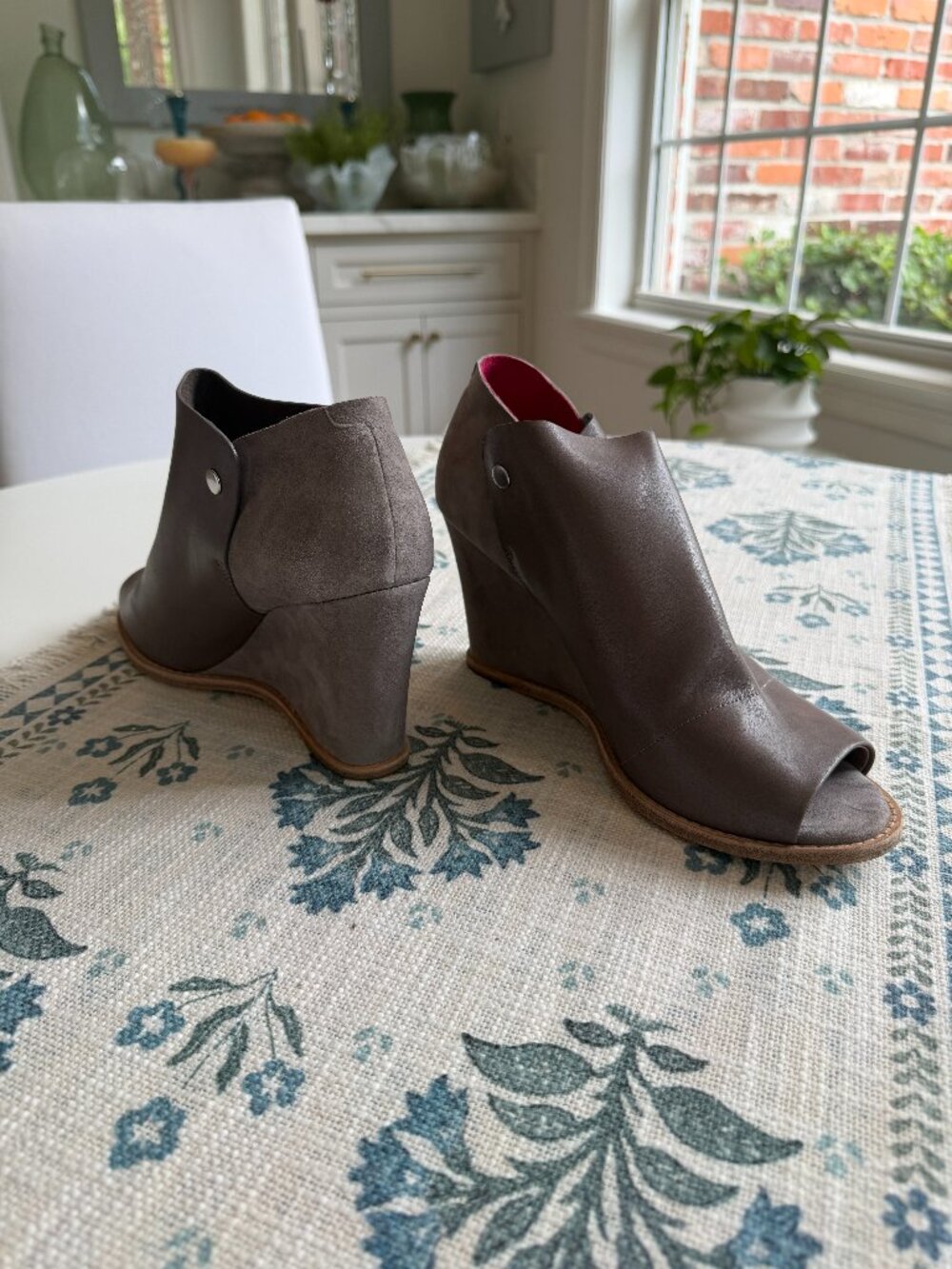 Taupe Leather Peep-Toe Wedge Bootie | Sigerson Morrison | Size W 9